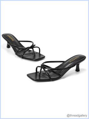 Kitten Heels Strappy Flip Flop Heeled Sandals Square Open Toe Faux Leather